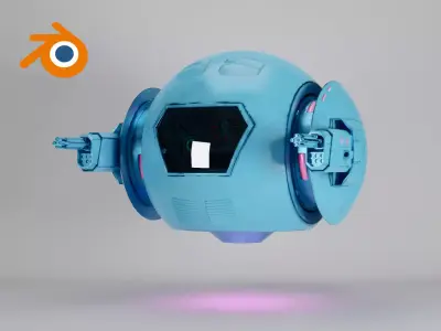 Blue Sci-fi drone with glowing pink elements 3D model