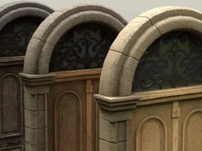Entrance Wooden Double Door realistic with window Low-poly 3D model