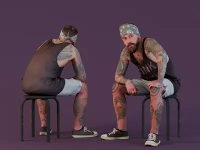 Tattooed Biker - Man with Bandana and Tank Top 3D model