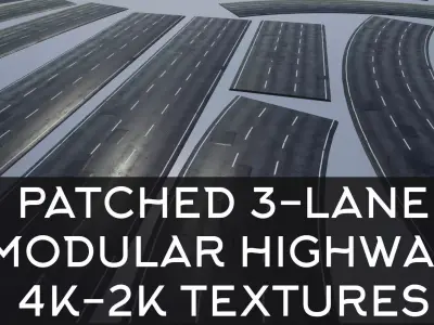 PBR 4K-2K three-lane Patched Modular Highway Roads Low-poly 3D model