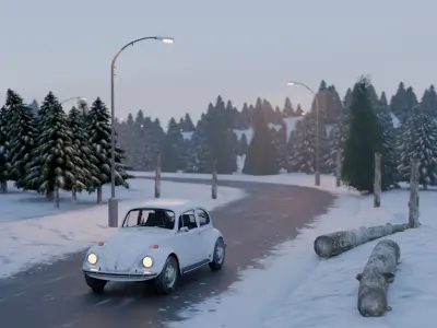 Snowy Road winter landscape Low-poly 3D model