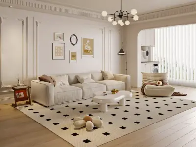 Cozy Cream Living Lounge with Soft Modular Sofa 3D model