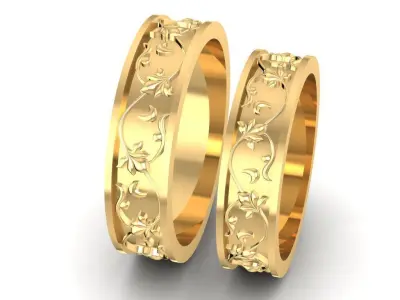 Elegant Floral Engraved Wedding Band Set for Men and Women 808 3D print model