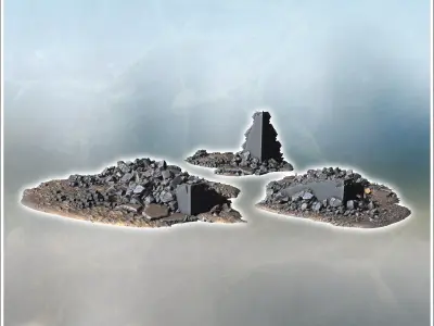 Ruined wall sections with large debris piles and scattered stone 3D print model