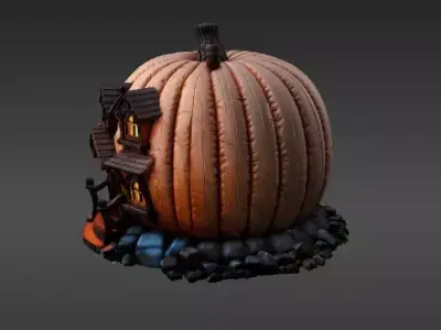 Halloween Pumpkin House 3D Model Cartoon Stylized House  Low-poly 3D model