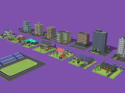 set of cartoon models of buildings Low-poly 3D model
