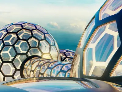 2 fused glass hexagon sci fi spherical domes set with walkway 3D model