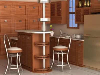 Kitchen with wooden cabinets and bar stools 3D model