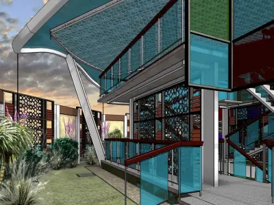 Galleria futuristic glass house at dusk 3D model