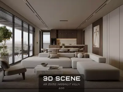 AR-25052 Moonlit Villa - Livingroom-Dining-Kitchen 3D Scene 3D model