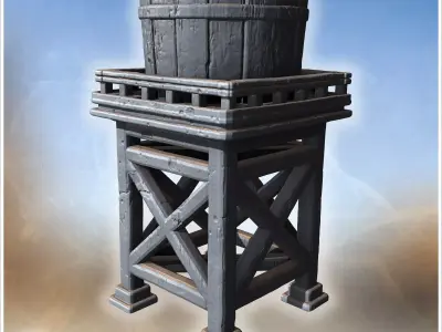 Large round barrel placed on sturdy wooden base with crisscross  3D print model