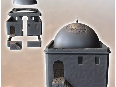 Square Eastern building with access stairs and large damaged dom 3D print model