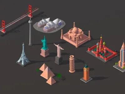 Polygonia Cartoon World Landmarks Pack Low-poly 3D model