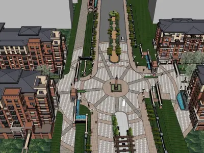 main gate with 3 story residential building gate house 3D model