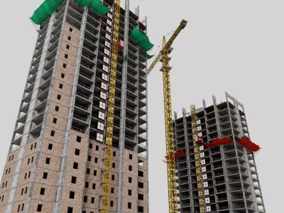 High Rise Construction Site 3D Model Tower Crane Twin Buildings Low-poly 3D model