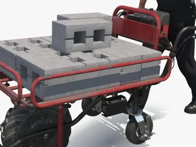  Worker with Filled Wheelbarrow Concrete Bricks 