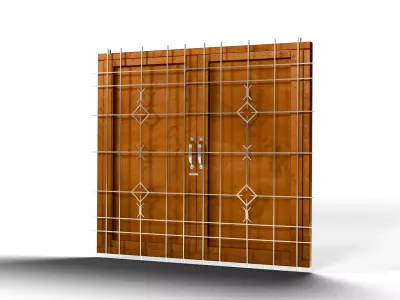 Modern wooden window with steel security grill Low-poly 3D model