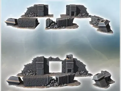 Heavily damaged building with exposed interior large windows and 3D print model