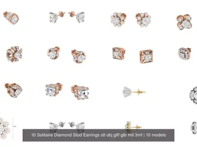 10 Solitaire Diamond Stud Earrings stl obj gltf glb mtl 3mf 3D Model Pack