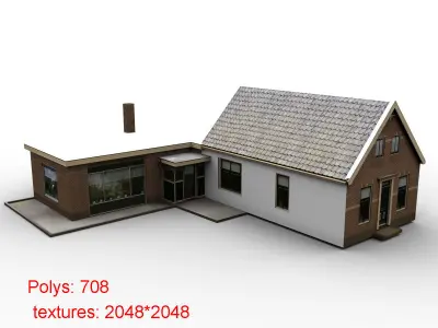 Low-Poly Houses brick building with roof Low-poly 3D model