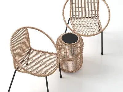 Rattan Table with Chairs 3D model