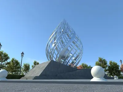 Realistic plaza  sculptural building  animated scene 3D model