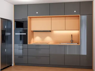 Modern Kitchen Interior Set   Wood   Matte Black   SketchUp  FBX Low-poly 3D model