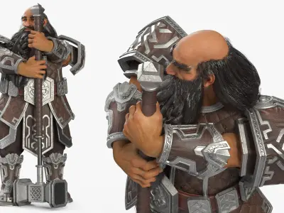  Dwarf Fighter with Hammer Rigged for Cinema 4D 