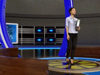 Virtual set tv studio with lights and woman 3D model