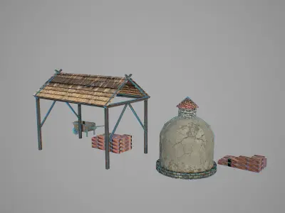 Quarry wooden structure and bricks Low-poly 3D model