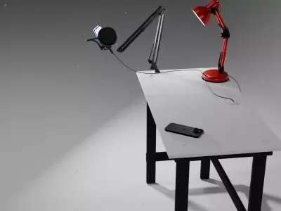 Working Desk with mounted Mic a Lamp and Iphone 16 Max Pro 3D model