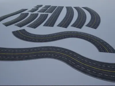 Modular Cracked 4-Lane Highway Roads 4K-2K Low-poly 3D model