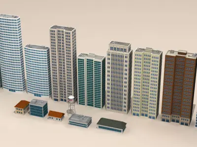 Low poly buildings collection tall in city 3D model