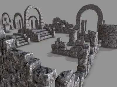 Ruin Set PBR medieval castle with stone walls and arches Low-poly 3D model