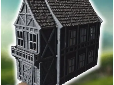 Timber-framed house with a wooden balcony decorative beams and a 3D print model