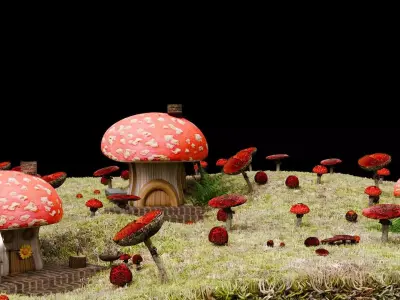 3D Low poly lovely CARTOON Mushroom houses Low-poly 3D model