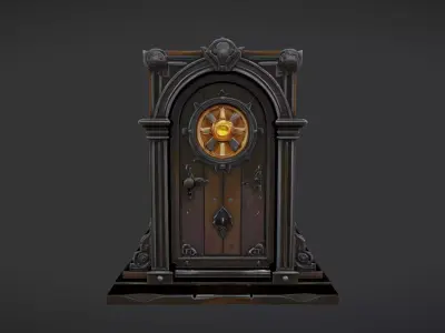 ornate antique door with glowing centerpiece 3D model
