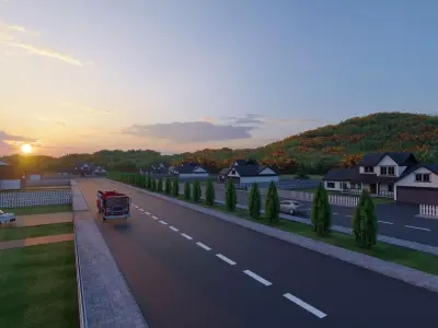 3D Neighborhood Model 8 street with houses and cars at sunset 3D model