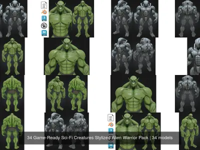 34 Game-Ready Sci-Fi Creatures Stylized Alien Warrior Pack