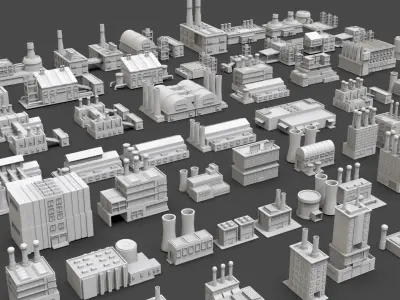 Low Poly Industrial Building Pack Of 70 -Game Ready -Untextured Low-poly 3D model