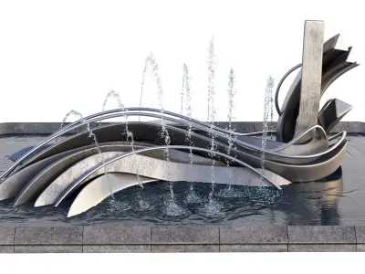 Pond with Metallic Sculpture and Fountains 3D model