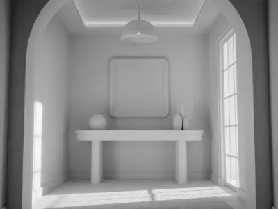 Minimalist interior with a wooden floor and a black rug Low-poly 3D model