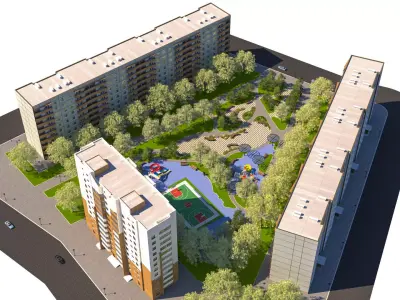 Game Ready Modern Residential Block and Courtyard 3D Scene Low-poly 3D model