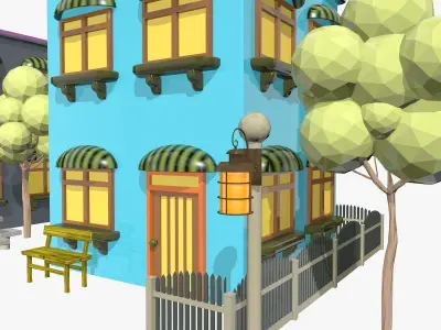 Cartoon Scene with TwoColorful  Houses Low-poly 3D model