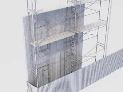  Wall with windows and fence of an old house Low-poly 3D model Low-poly 3D model