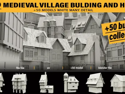 50 medieval village building and home collection white UV 3D model