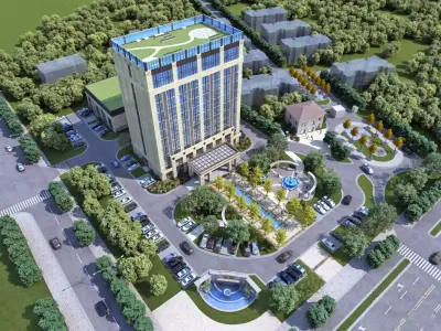 Modern Office Tower with Podium and Fountain Plaza 3D model