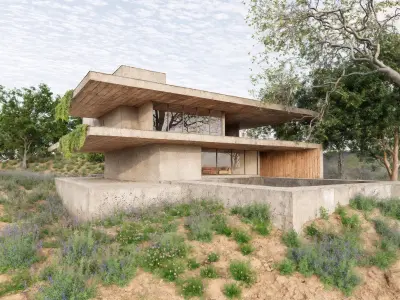 Modern Brutalist Courtyard Villa with Green Terraces 3D model