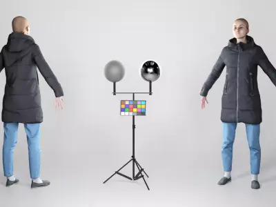Young woman in a black down jacket in A-pose 165 Low-poly 3D model