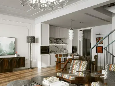 Living Room and Kitchen with Dinning Set Low-poly-135 Low-poly 3D model